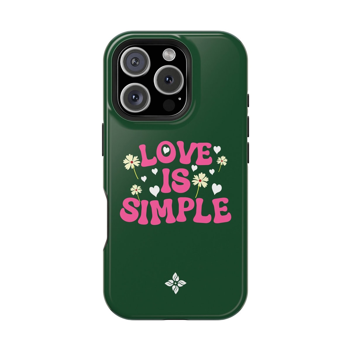 Vibrant green phone case with pink "Love Is Simple" text, surrounded by white flowers and hearts, designed for iPhone with triple-lens camera.