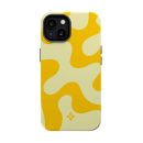 Vibrant yellow and beige camouflage phone case with a small floral logo at the bottom, designed for iPhone, featuring a stylish and modern look for phone protection and personalization.