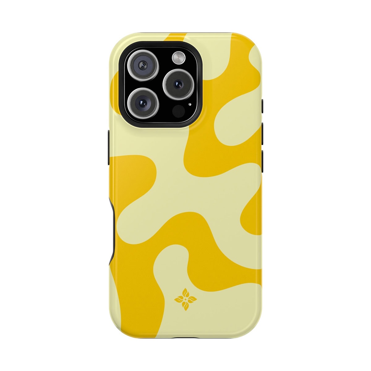 Vibrant yellow and white camouflage-style phone case designed for iPhone with triple lens camera protection.