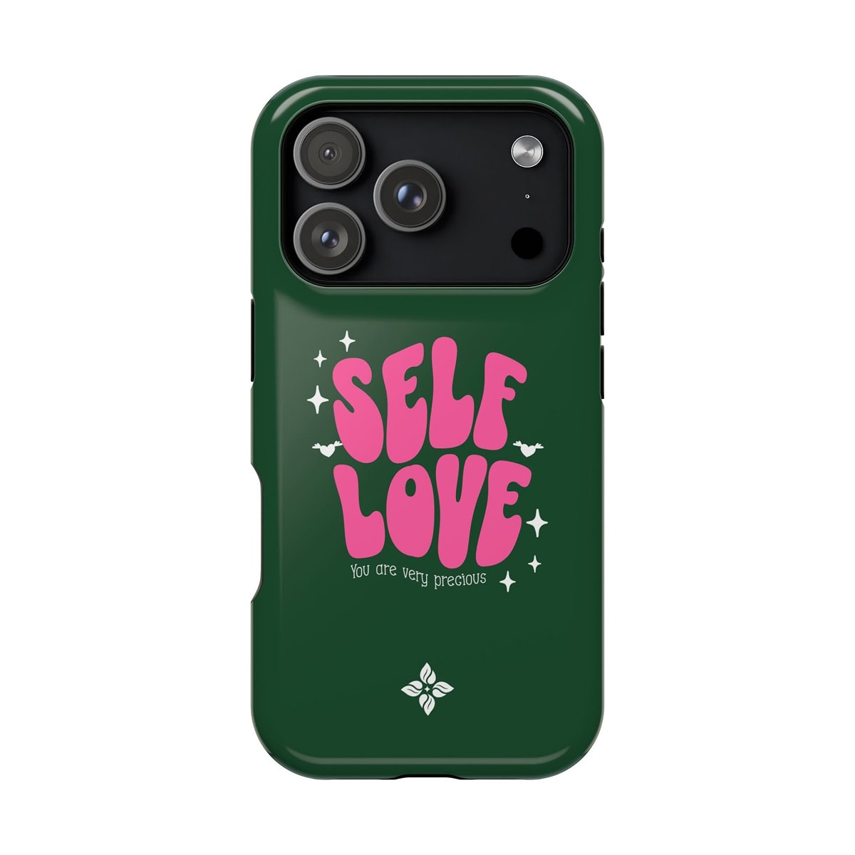 Vibrant green phone case featuring bold pink text that reads "SELF LOVE" with decorative stars and small icons, emphasizing positivity and self-care themes.