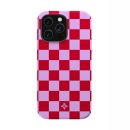 Vibrant red and lavender checkered phone case with a small white floral logo at the bottom, designed for iPhone with triple camera cutout, perfect for stylish smartphone protection.